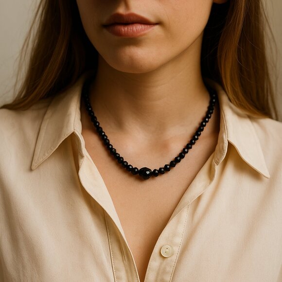Vintage Black Faceted Glass Bead Necklace – 17 Inch Strand with Graduated Beads - Picture 1 of 6